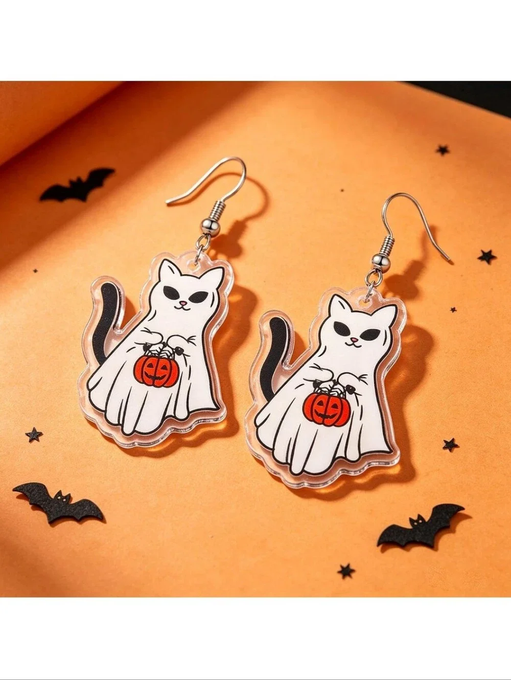 Halloween Ghost Cat Earrings - White Ghost Cat with Orange Pumpkin